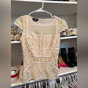 bebe Cream Lace Peplum Top with Eyelet Panels